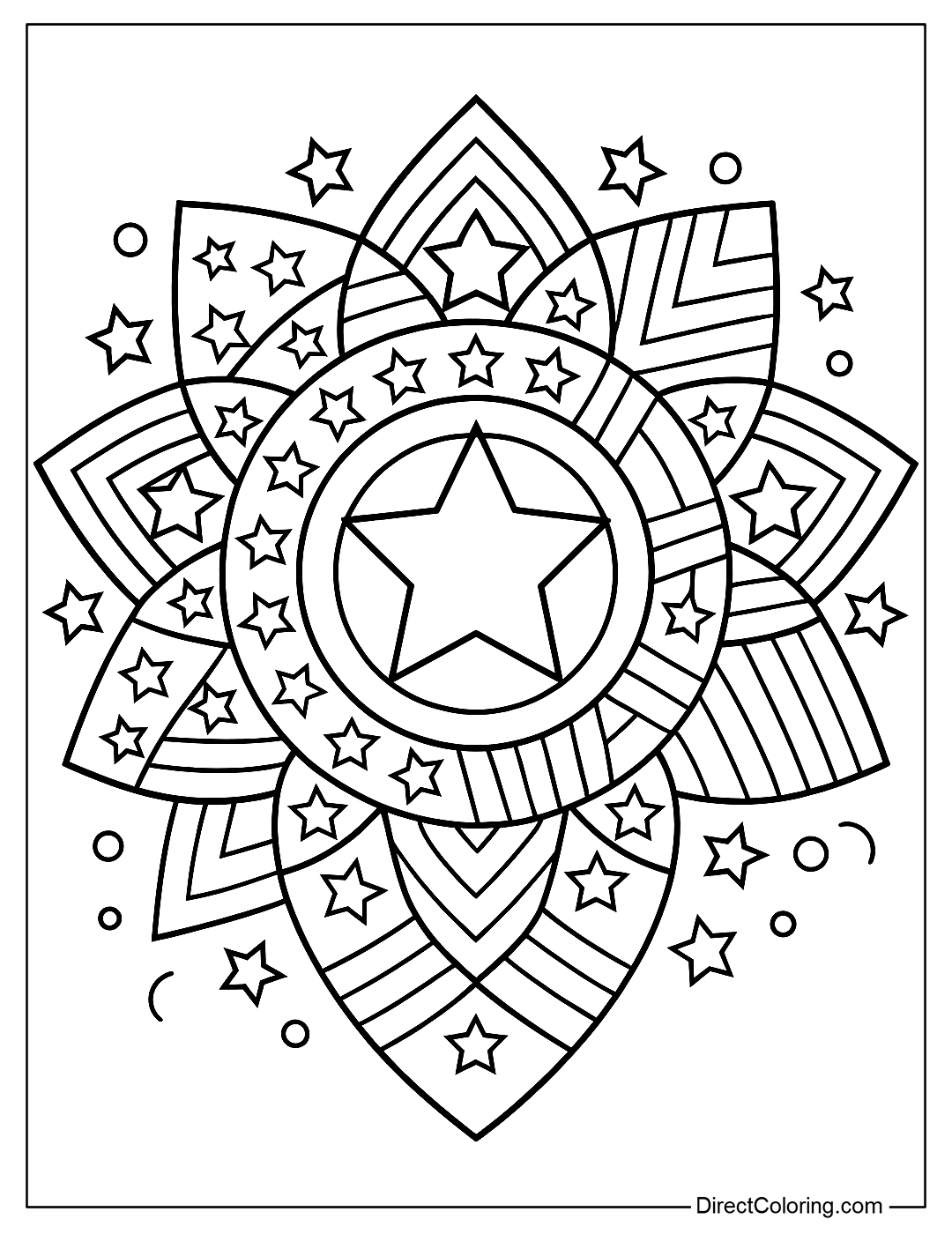 A mandala coloring page with alternating stars and stripes, red white blue theme.
